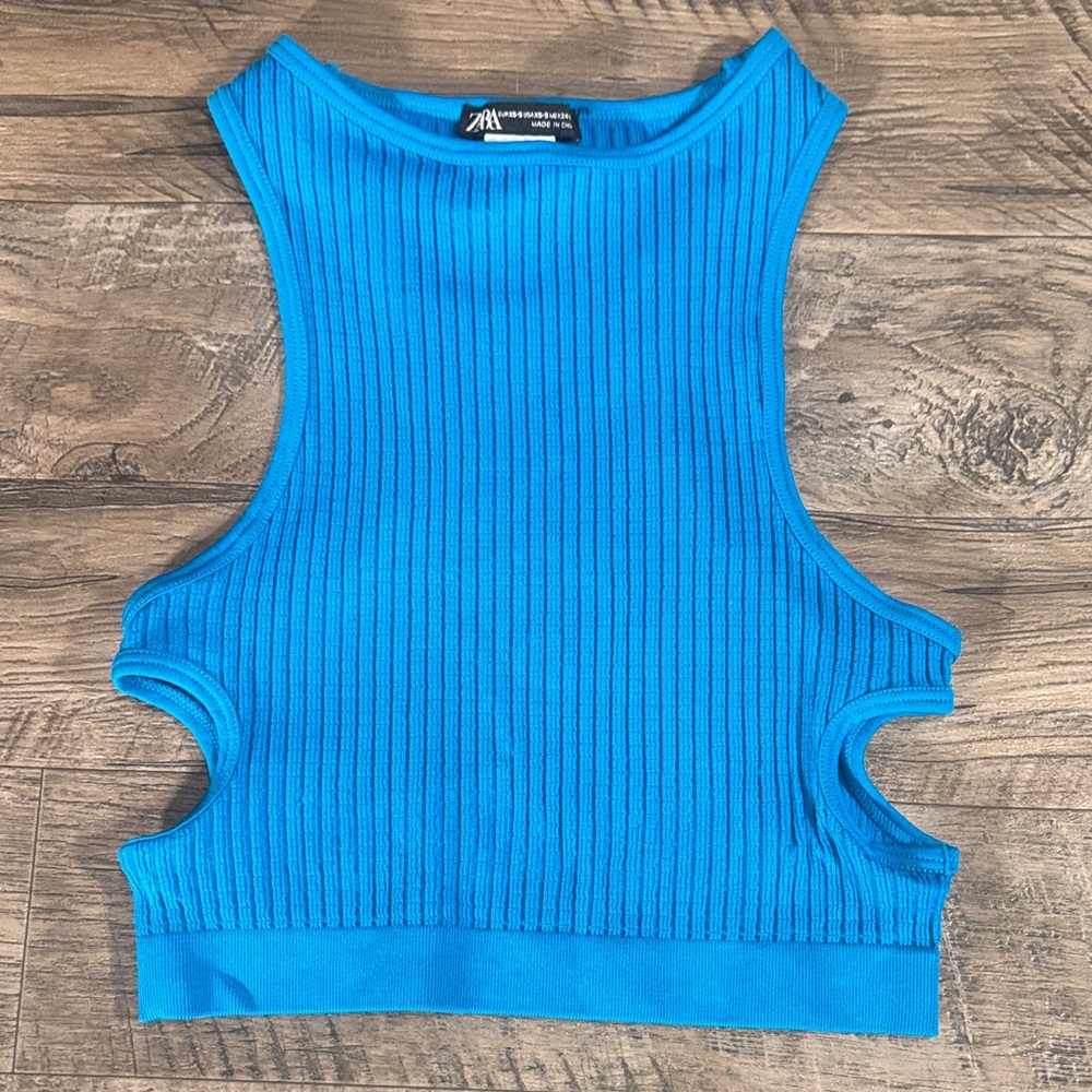 Zara Vibrant Blue Ribbed Crop Top w/Side Cut-outs - Size XS-S